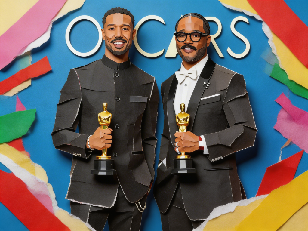 Michael B Jordan & Ryn Coogler hold oscar trophies