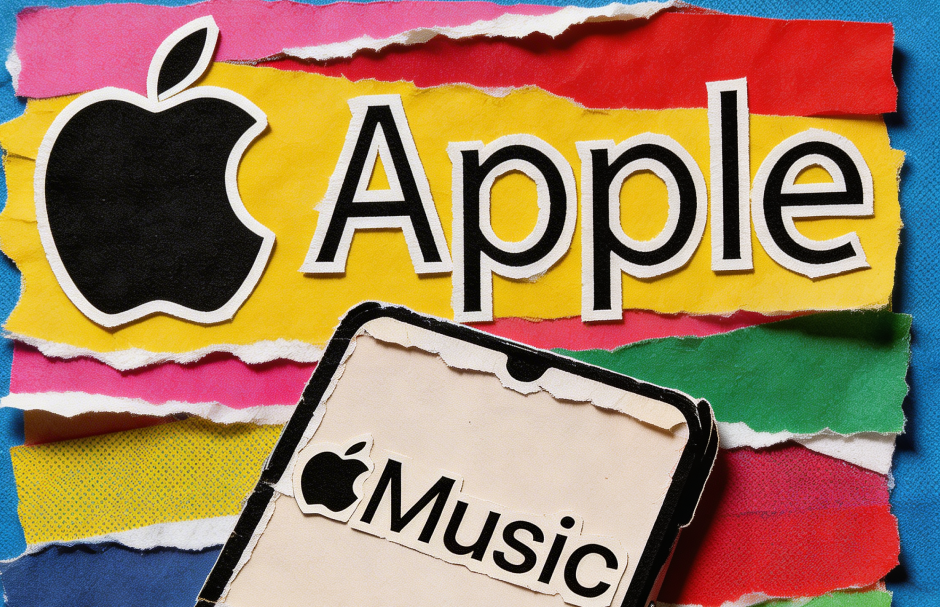 Apple logo and Apple Music on a colorful torn-paper background.