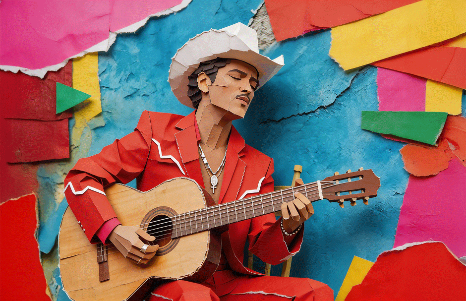 Bruno Mars in a red suit playing guitar