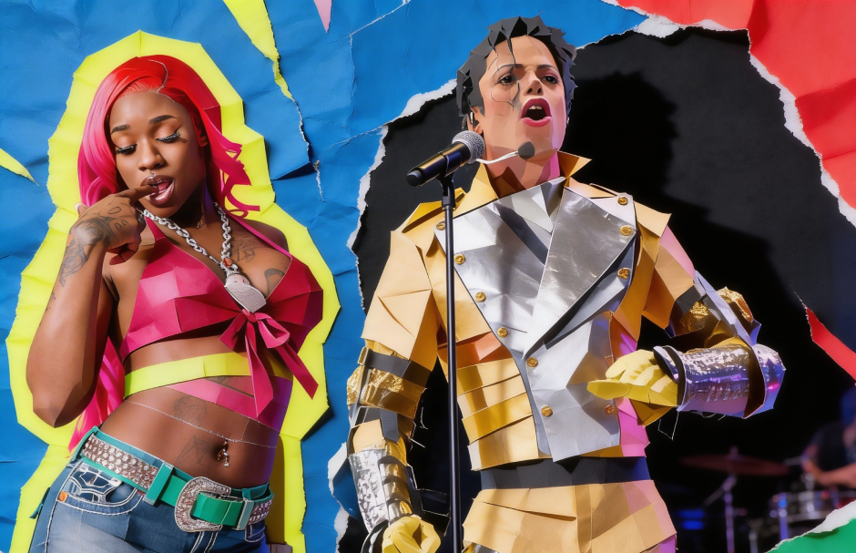Colorful torn-paper collage featuring Sexyy Red and a Michael Jackson-style performer on stage with a microphone